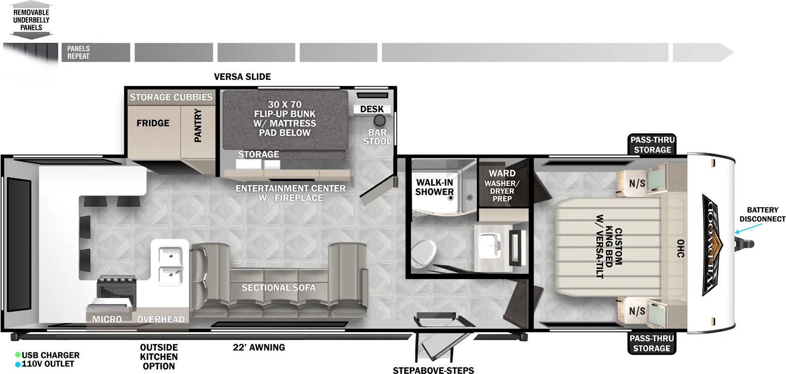 The Wildwood 29VIEW floorplan has one slideout and one entry. Exterior features removable underbelly panels, 22 foot awning, battery disconnect, StepAbove steps, outside kitchen option, and front pass-thru storage. Interior layout front to back: foot facing custom king bed with versa-tilt, overhead cabinet, closet and nightstand on each side, and off-door side wardrobe with washer/dryer prep; off-door side full bathroom with walk-in shower; entry door outside of bathroom; off-door side slideout with versa slide (a desk with barstool, and flip-up bunk with mattress pad below behind an entertainment center with fireplace), pantry and refrigerator with storage cubbies behind; door side sectional sofa; peninsula kitchen counter with sink wraps to door side with microwave, overhead cabinet and cooktop, and continues to wrap to rear wall and off-door side with dining seating.
